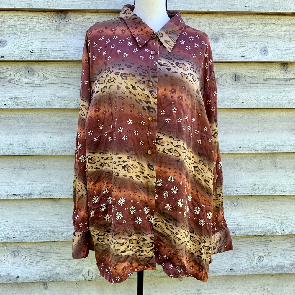 Vintage 90s Bob Mackie Silk Floral Leopard Print Button Down Long Sleeve Shirt